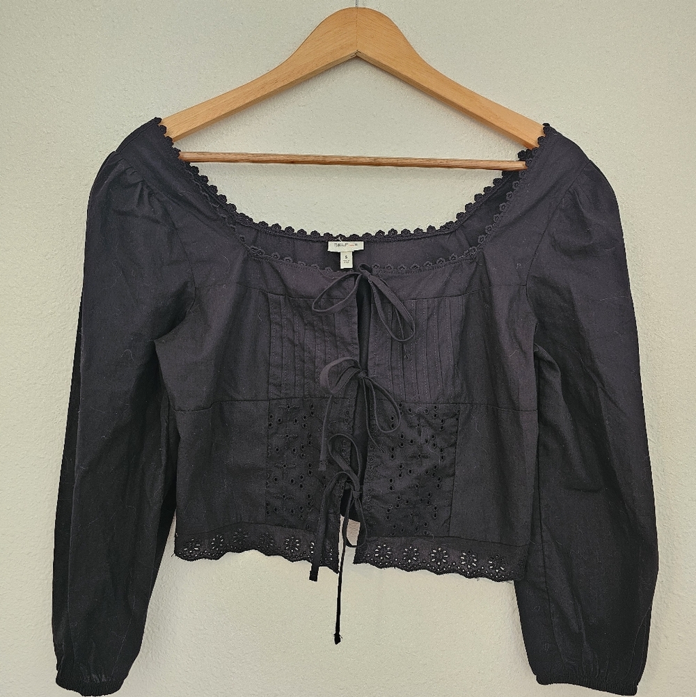 Boho Black Lace-Trim Embroidered Peasant Top - Casual Tie-Front Size S